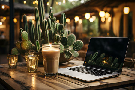 A laptop sits on a wooden table outdoors, surrounded by cacti, candles, and soft lighting. A tranquil evening scene.の写真素材