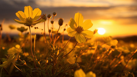Sunlit cosmos flowers bathed in the golden light of a sunset. Peaceful and serene nature scene.