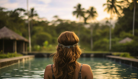 Woman relaxing by a pool at sunset in a tropical location. The scene is serene and peaceful.の写真素材