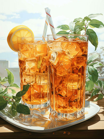 Two glasses of iced tea with lemon slices and ice, on a sunny day. Perfect refreshment.の写真素材