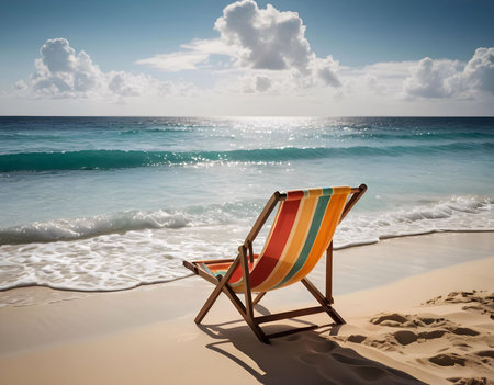 A colorful deck chair sits invitingly on a tranquil beach, the gentle ocean waves lapping at the shore under a bright sunny sky.の写真素材