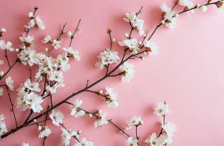 White cherry blossoms arranged on a delicate pink background, a stunning display of springtime...