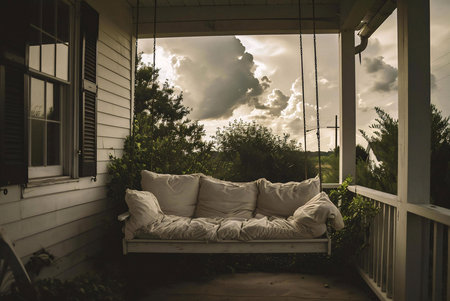 A peaceful scene of a porch swing at sunset. The view is tranquil and serene.の写真素材
