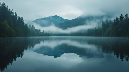 Serene lake reflecting misty mountains and lush forest. Peaceful nature sceneの写真素材