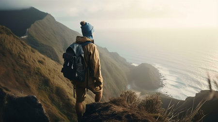 A lone hiker pauses on a clifftop, gazing out at a stunning coastal panorama. Serenity and adventure intertwined.の写真素材