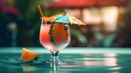 Refreshing tropical cocktail garnished with pineapple and orange, perfect for a summer day by the...