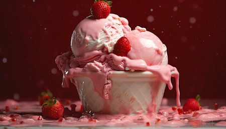 A mouthwatering image of a strawberry ice cream sundae melting, showcasing its creamy texture and...
