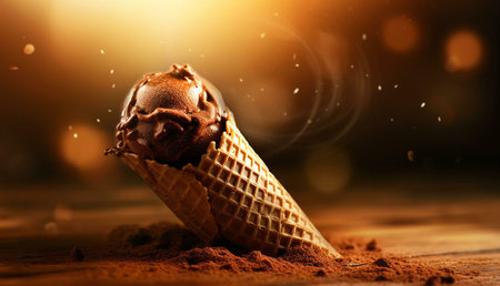 A tempting image of a chocolate ice cream cone, rich and decadent, resting on cocoa powder. A summer treat.の写真素材