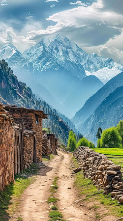A tranquil mountain village path leads towards a majestic snow-capped peak. Serene landscape, picturesque scenery.の写真素材