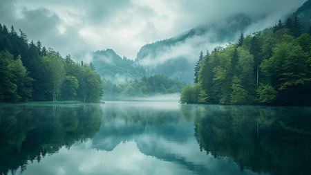 Serene lake reflecting misty mountains and lush forests. Peaceful nature scene.