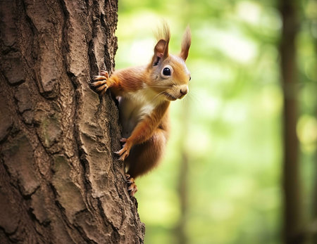 A captivating image of a red squirrel clinging to a tree trunk, set against a backdrop of a verdant...