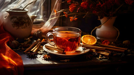 A steaming cup of tea sits on a rustic table, surrounded by cinnamon sticks, spices, and an orange slice. The warm lighting and autumnal setting create a cozy atmosphere.の写真素材