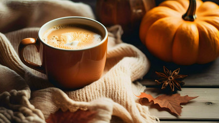 A warm autumnal scene featuring a pumpkin spice latte in a cozy mug, nestled in a soft knit scarf with pumpkins and autumn leaves.の写真素材