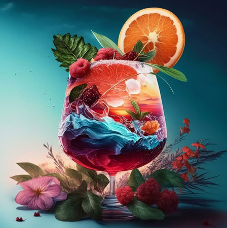 A vibrant cocktail with raspberries and orange slice, creatively showcasing a sunset ocean scene.の写真素材