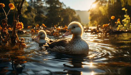 A duckling swims through calm water with golden hour sunlight reflecting on the water surfaceの写真素材