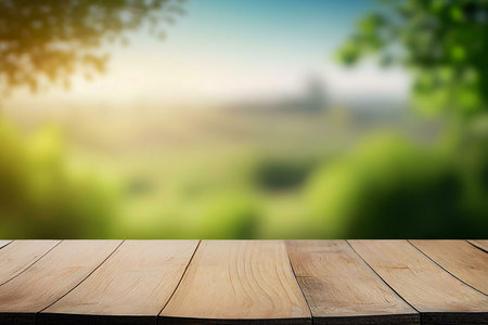 A wooden tabletop with a blurry background of a green field and trees. The image is perfect for...
