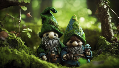 Two charming gnomes reside in a lush, mossy forest. Their whimsical presence creates a magical...