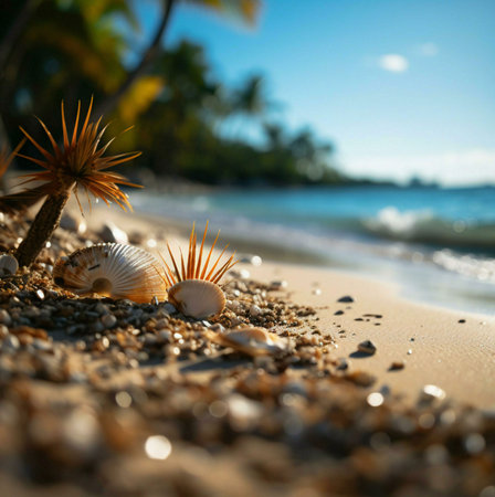 Seashells on the beach during sunset. Tropical paradise scene.の写真素材