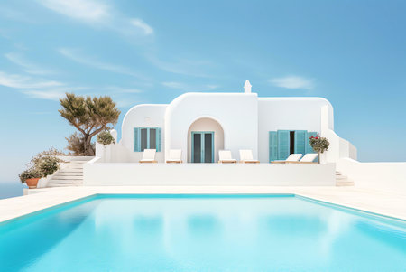 Stunning white villa with an infinity pool overlooking the beautiful ocean. Perfect for a summer getaway.の写真素材