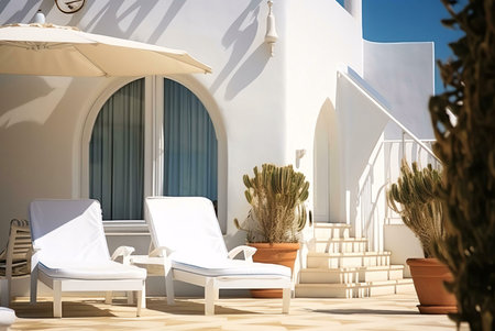 White lounge chairs under a beige umbrella on a sun-drenched patio. Mediterranean style villa,...