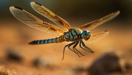 Stunning close-up of a dragonfly in golden sunlight. Its vibrant colors and intricate details are...