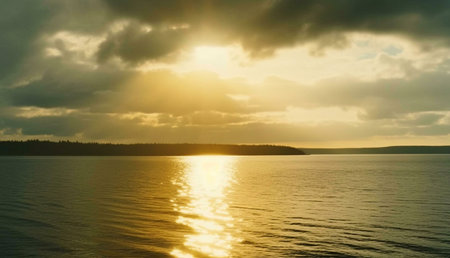 A captivating sunset scene over a tranquil lake. The golden light reflects beautifully on the calm...