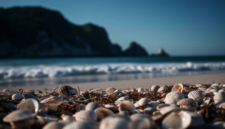 Close-up of seashells on a sandy beach with the ocean and cliffs in the background. Peaceful summer day.の写真素材