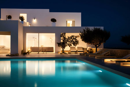 Stunning night view of a modern luxury villa with a beautiful illuminated pool. The architecture is...