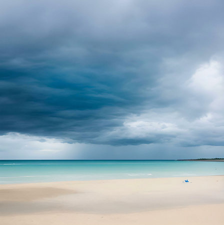 A picturesque beach scene with a vast, stormy sky overhead. The tranquil ocean meets the pristine sand, creating a captivating contrast.の写真素材