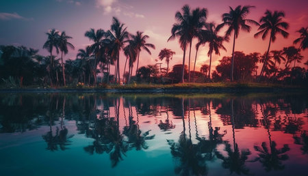 Serene sunset over a tropical lagoon. Palm trees silhouetted against a vibrant sky, their reflections mirrored in the still water.の写真素材