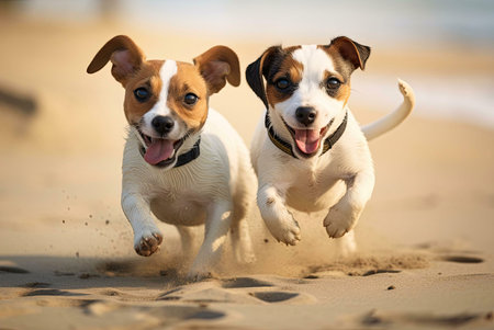 Two adorable Jack Russells playfully running on a sandy beach, enjoying the summer sun.の写真素材