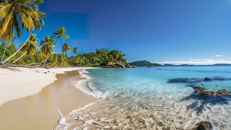 A stunning tropical beach with crystal-clear turquoise water, white sand, and swaying palm trees. The perfect idyllic escape.の写真素材