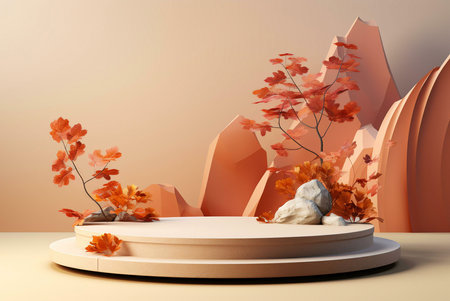 Serene autumn scene. Circular podium with leaves, rocks, and stylized mountains. Peaceful minimalist aesthetic.の写真素材
