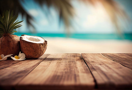 Coconuts on a wooden table, a tropical beach in the background.