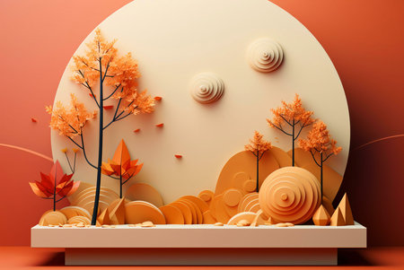 A 3D rendered image depicting a minimalist autumn scene with stylized trees and hills in warm orange tones.の写真素材