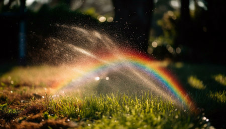 A small rainbow appears in the spray of a sprinkler on a lush green lawn. A captivating scene filled with vibrant color and sunlight.の写真素材