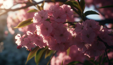 Pink cherry blossoms bathed in warm sunlight, a picturesque springtime scene.
