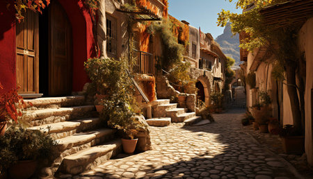 A sunlit cobblestone street in a charming Mediterranean village. Stone buildings, lush vegetation, and warm sunlight create a tranquil atmosphere.の写真素材