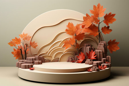 3D rendered autumn scene. Minimalist display with maple leaves and rocksの写真素材