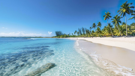 Stunning beach scene with crystal-clear water, soft white sand, and swaying palm trees. A perfect tropical getaway.の写真素材
