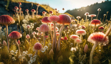 A breathtaking view of pink mushrooms bathed in morning sunlight. The scene is idyllic and filled...