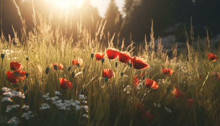 Red poppies bathed in the warm glow of the setting sun. A picturesque meadow scene evoking tranquility.の写真素材