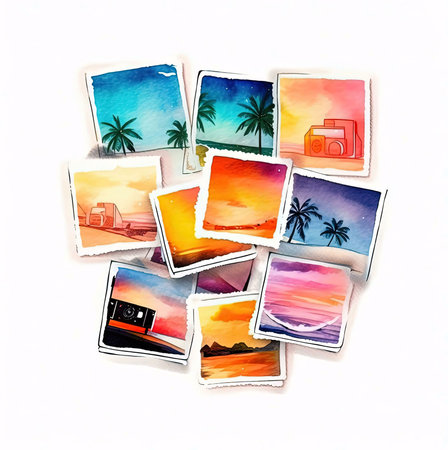 A delightful array of watercolor postcards capturing breathtaking sunsets, palm trees, and serene beaches. Perfect for travel lovers or art enthusiasts.の写真素材