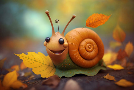 A charming 3D rendered cartoon snail smiles amidst autumn leaves. The scene evokes feelings of warmth and joy.の写真素材