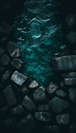 Dark teal water flows between dark rocks. A tranquil scene.