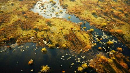 Aerial shot of autumnal wetlands, showcasing flooded forest with golden hues. Beautiful natural landscape.の写真素材