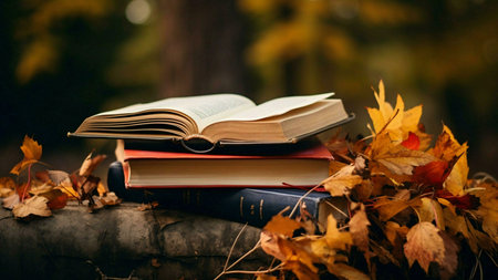 A stack of books sits amongst fallen autumn leaves, capturing the essence of cozy autumn reading.