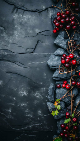 Red berries on dark slate background. Autumn theme.の写真素材