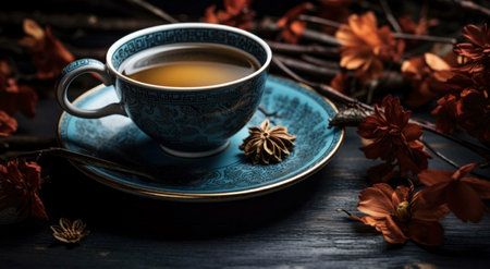 A blue teacup filled with hot tea sits on a matching saucer, surrounded by autumnal flowers and...