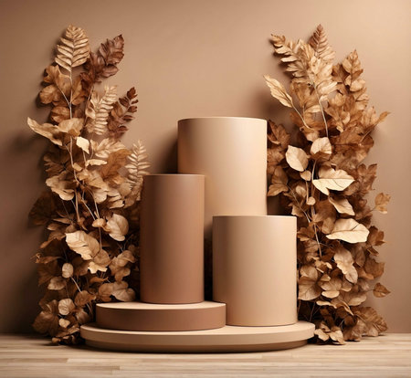 Cylindrical display platforms surrounded by dried autumn leaves. Minimalist aesthetic.の写真素材